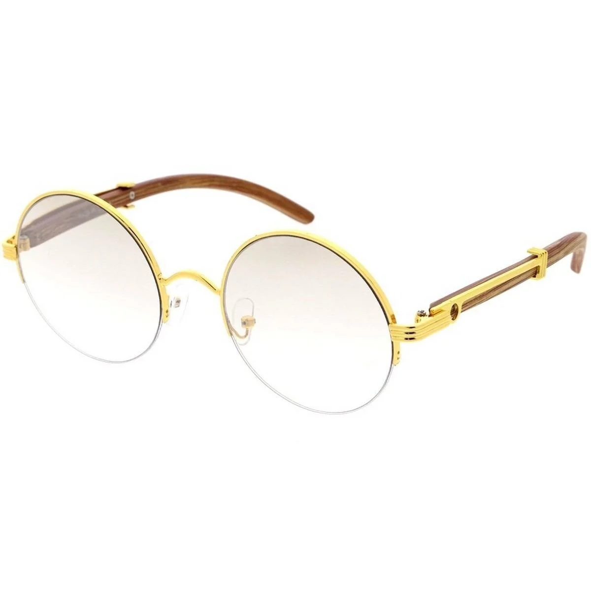 Round Eyeglasses Gold Frame Wood Arms Men