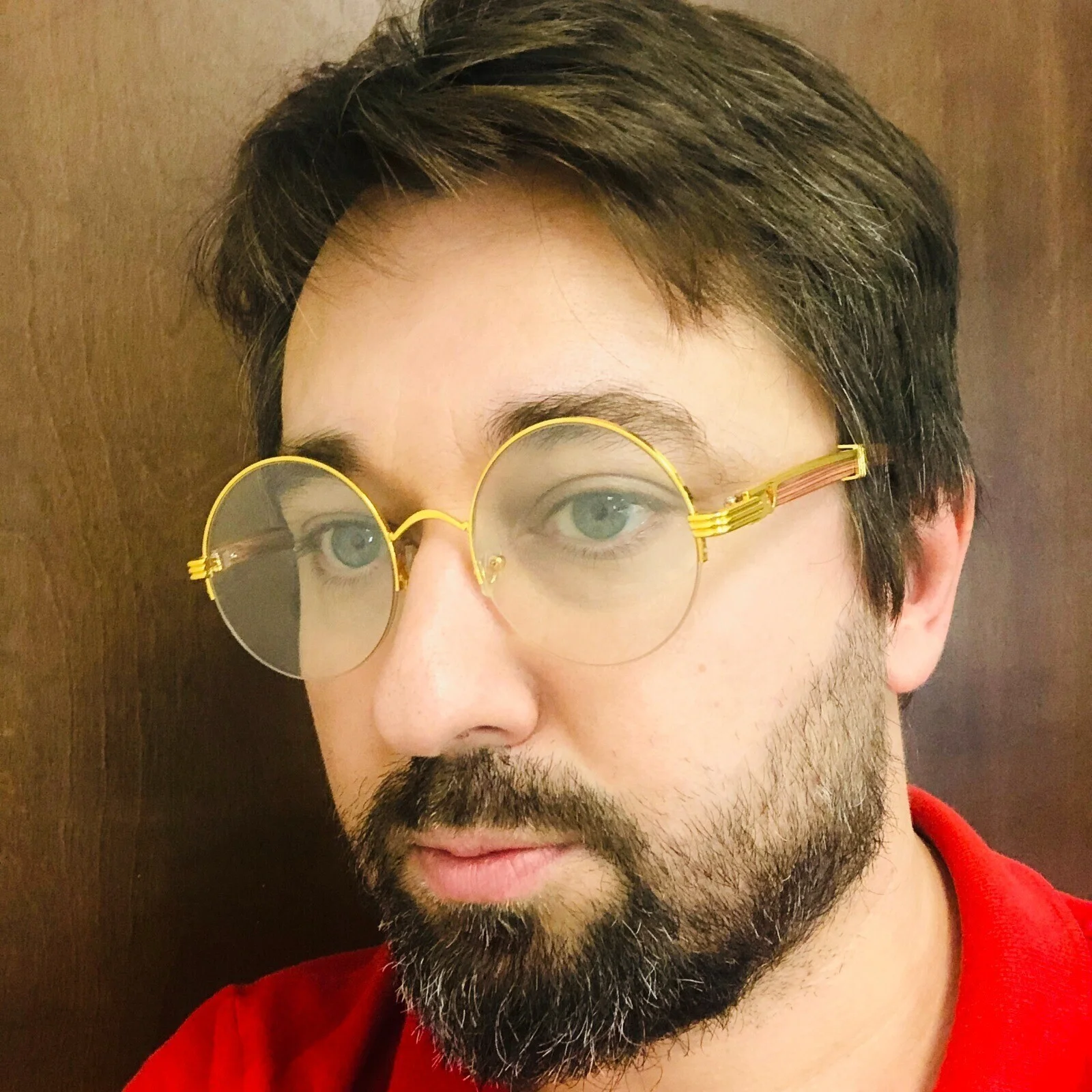 Round Eyeglasses Gold Frame Wood Arms Men 2